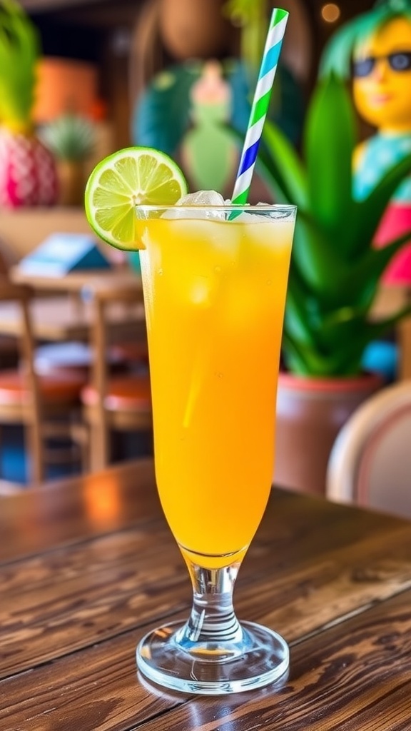 A refreshing Paper Duck cocktail in a glass with lime garnish on a wooden table.